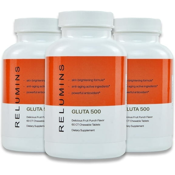 Relumins Gluta 500, Chewable/Sublime Wall Glutathione Complex with Advanced Skin Nutrition, Hyaluronic Acid, VIT C, Biotin Plus 4 Powerful Actives, Fruit Punch Flavored, Made in USA- 60CT x 3 Bottles