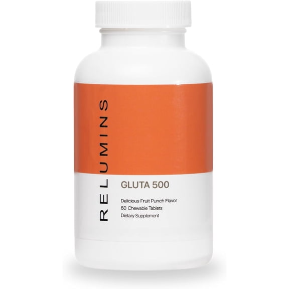 Relumins Gluta 500 Chewable Tablets with Glutathione, Hyaluronic Acid, Vitamin C, Biotin & Collagen Supports Skin Tone & Glow Fruit Punch Flavor Made in USA 60 Tablets