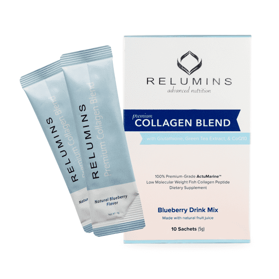 Relumins Marine Collagen Powder Drink Mix, Blueberry Flavored - Made in USA, 10 Sachets