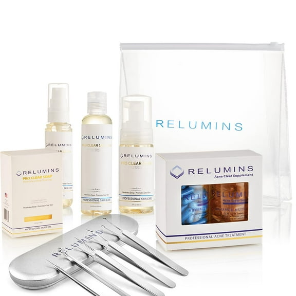 Relumins Professional Clear Skincare Set 6-Piece Blemish Control System with Cleanser, Toner, Serum, Soap, Oral Support & Tool Kit Daily Routine for Clear, Smooth-Looking Skin