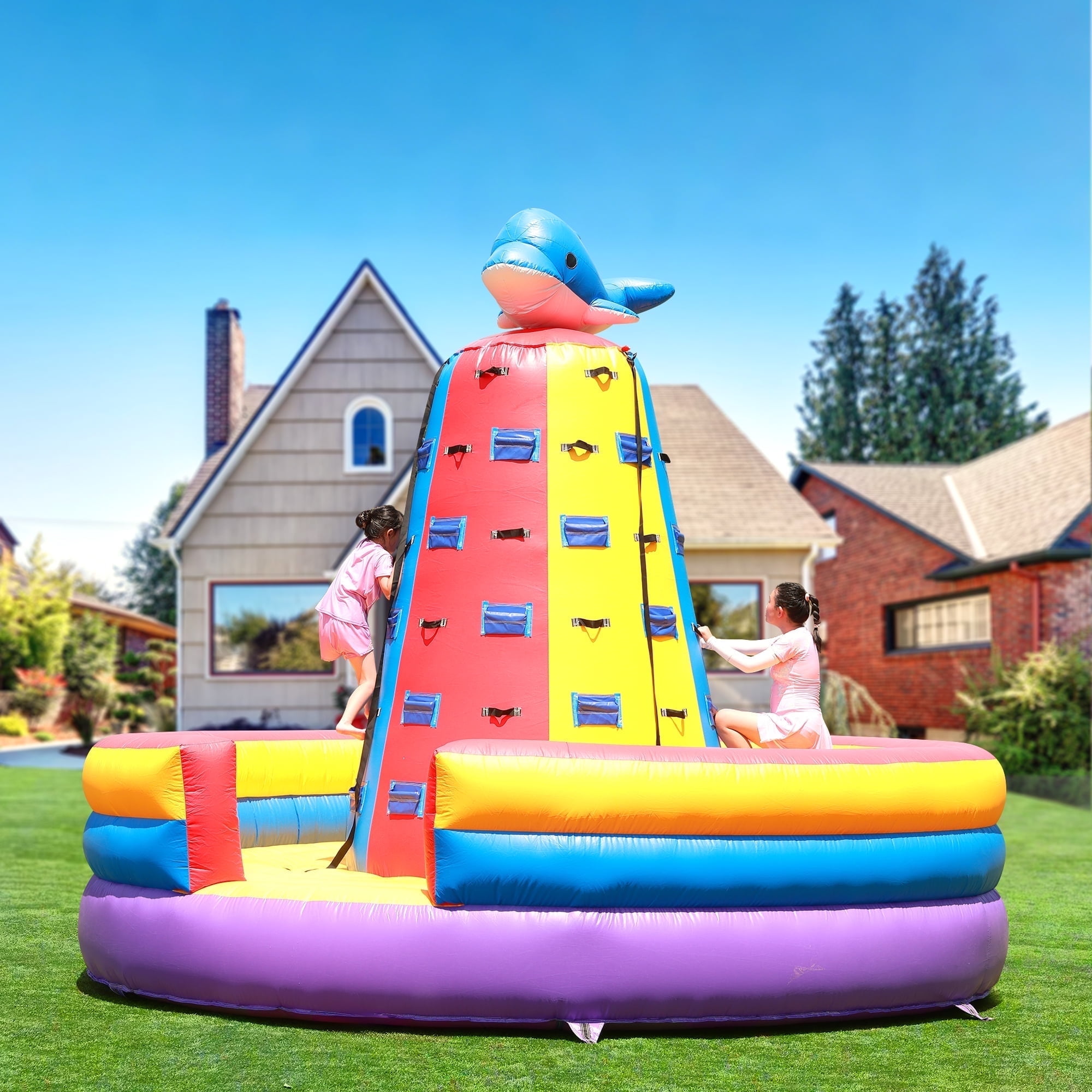 Relunch 14.8X11.8FT Inflatable Dolphin Rock Climbing Wall Tower for Kids with 1100W Blower – Commercial PVC Outdoor Adventure Game with Safety Ropes & Harnesses