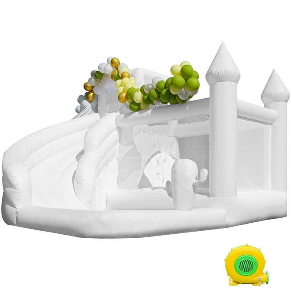 Relunch 16FT Commercial PVC White Bounce House Castle for Adult Kids Party with Widened Curved Slide & Big Ball Pit 16x14x10.5ft