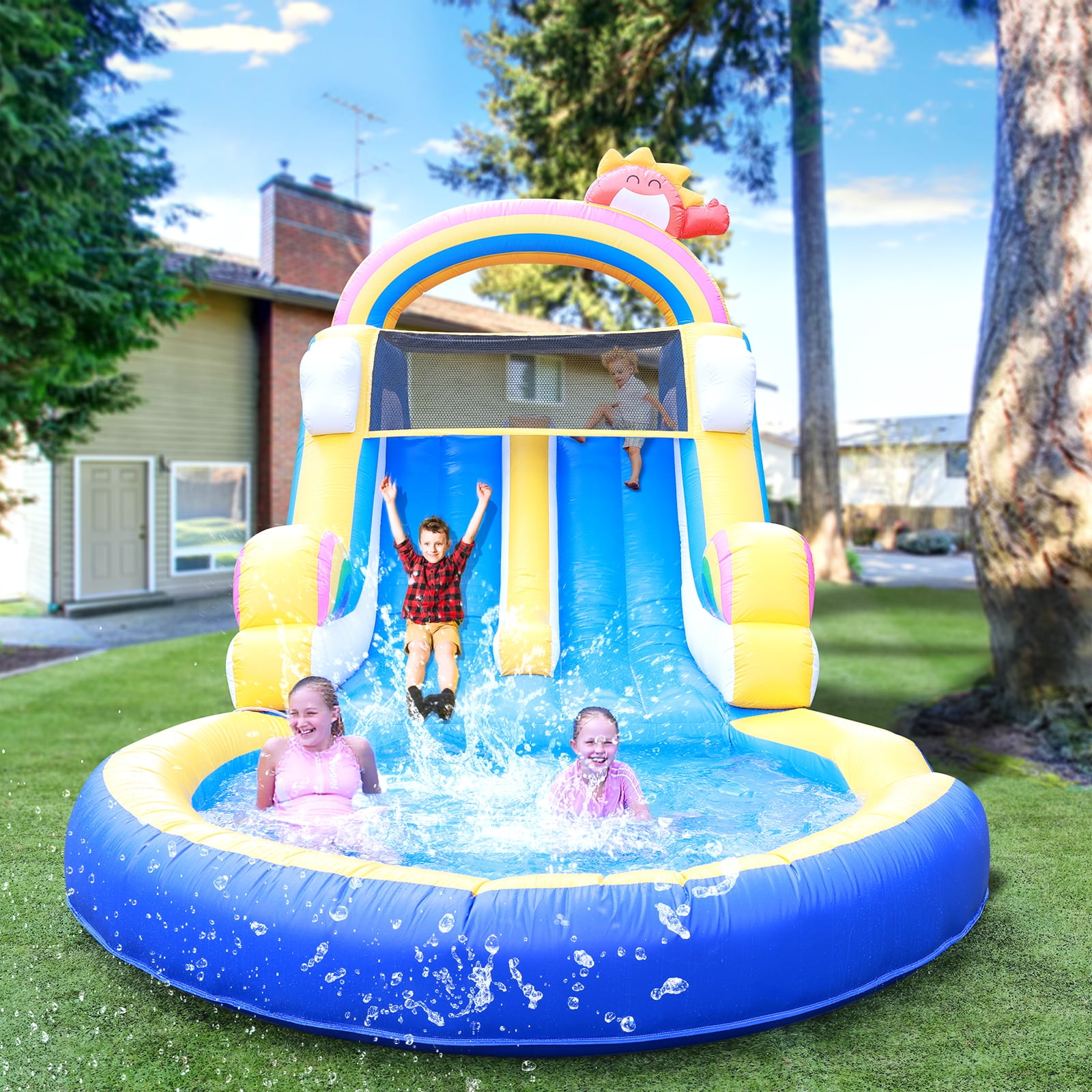 Relunch 24FT Commercial PVC Inflatable Double Water Slide with Pool & Climbing Wall, Backyard Water Park w/ Blower for Kids Adults  24x11x12ft