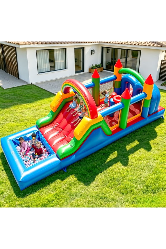 25FT Commercial PVC Inflatable Obstacle Course Bounce House Slide for Kids with Blower, Heavy Duty Quality Outdoor Party, 25x8x8FT