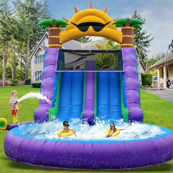 Relunch 26X12X14FT Commercial Inflatable Double Water Slide for Kids & Adults, PVC Inflatable Water Park with Climbing Wall & Blower, Giant Blow Up Water Slide Backyard Outdoor