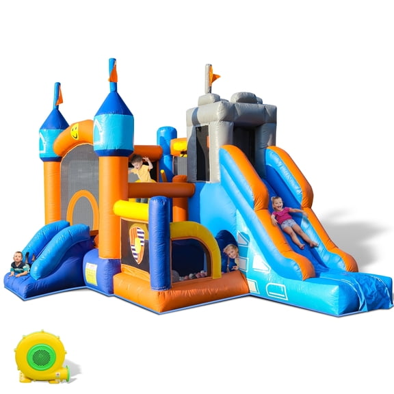 Relunch Inflatable Bounce Castle with Blower for Kids 3-12 Years, Blow Up PVC Jumping Bouncer with Two Slide, Climbing Wall, Obstacles for Indoor Outdoor Party