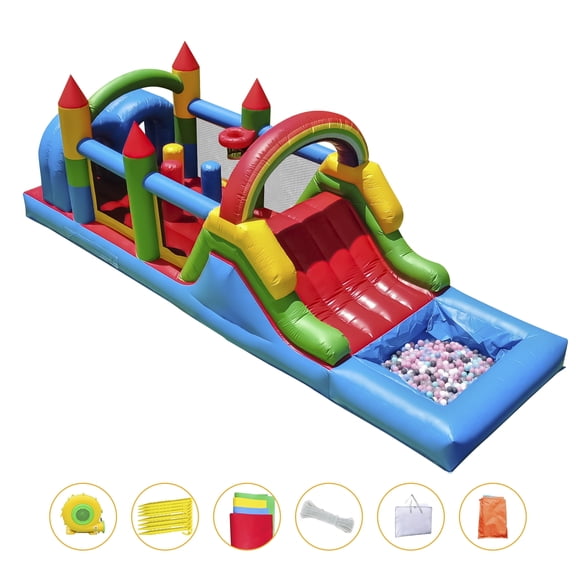 Relunch PVC Inflatable Obstacle Bounce Castle for Ages 3-15, 25ft Commercial Bouncy House with 1100W Blower, Outdoor Backyard Jumping House with Slide
