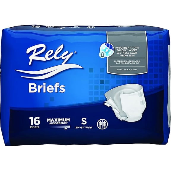 Rely Adult Diapers, Disposable Incontinence Briefs with Tabs, Maximum Absorbency, Small (20- 31), 16 Count