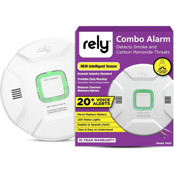 Rely 7400 2-in-1 Smoke & Carbon Monoxide Detector Hardwired AC Powered with Battery Backup - RealAlerts Voice & LED Warning System - Photoelectric Smoke and CO Detector - Interconnect - 1 Pack