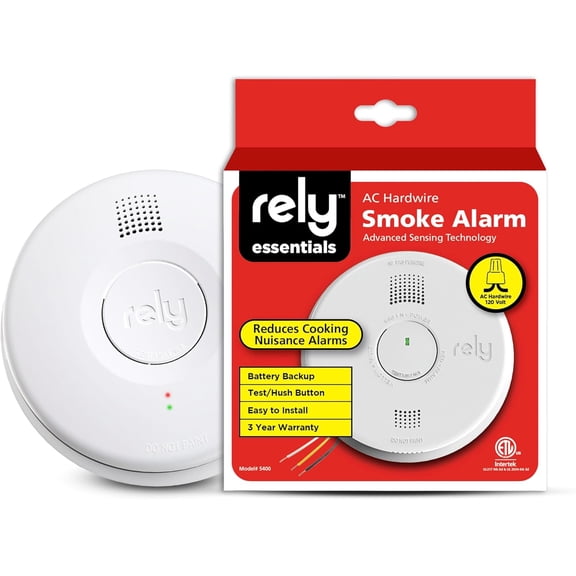 Rely Essentials 5400 Smoke Alarm  Hardwired AC Powered with Battery Backup - Photoelectric Smoke Detector - Interconnect, Easy Install  1 Pack