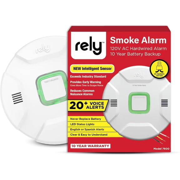 Rely 7600 Hardwired Smoke Detector with Battery Backup, Interconnected AC Powered Alarm, Photoelectric Sensor, RealAlerts Voice & LED Warning System, 1-Pack