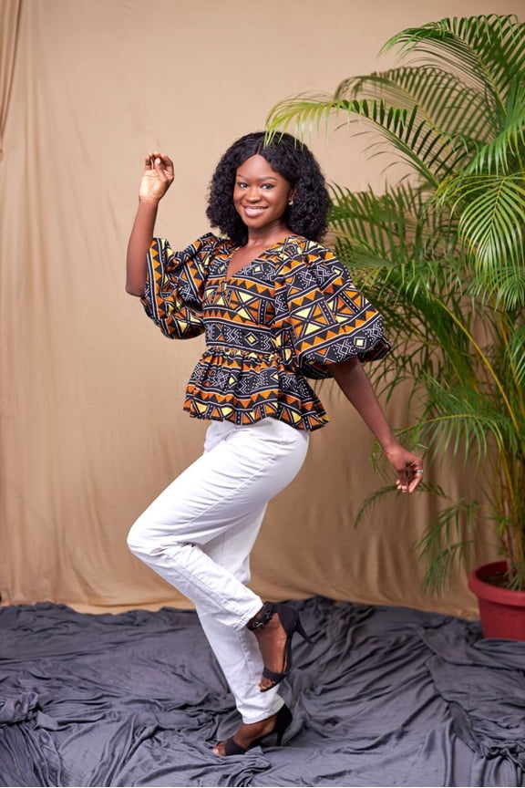Rema Ankara African Print V Neck Puff Hand Sleeve Top