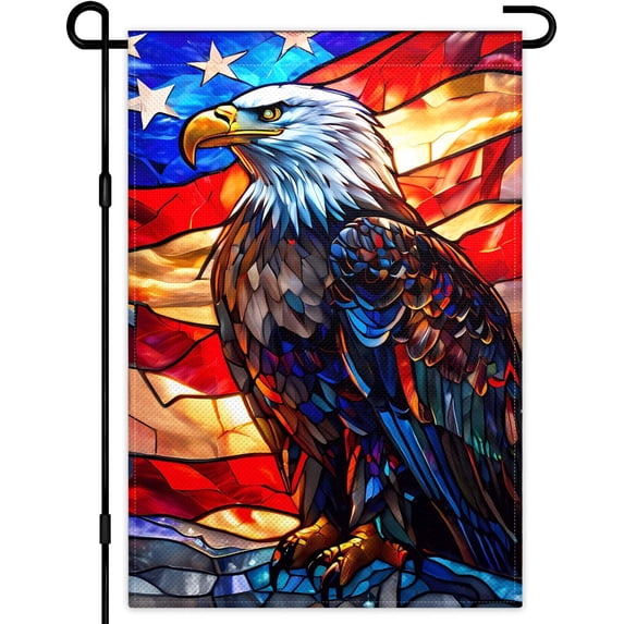 Remain Unique 4th of July Patriotic Linen Garden Flag for Outside 12x18 inch Double Sided Memorial Day Independence Day Garden Flags with American Eagle Glass Style for Yard