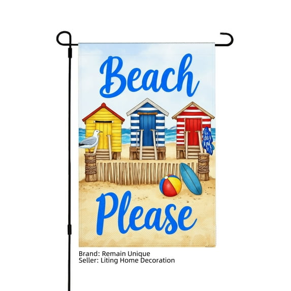 Remain Unique Beach Please Linen Garden Flag with Colorful Cabanas and Sand for Spring Summer Home Outdoor Garden Yard Door Decor 12x18 inch