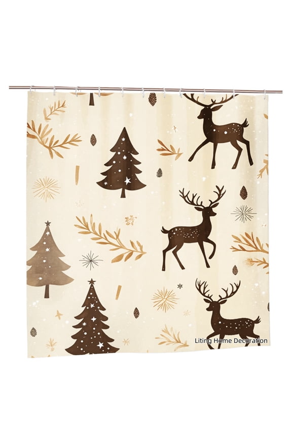 Christmas Deer and Tree Polyester Shower Curtain for Home Bathroom Bath Tub Decoration 72x72 inch