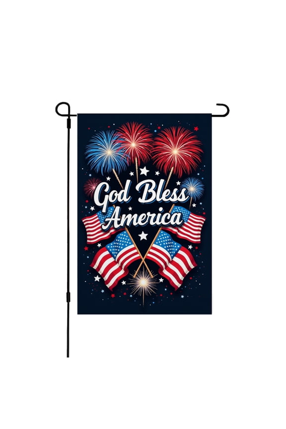 God Bless America Linen Garden Flag with Fireworks and Flags for 4th of July Memorial Day Spring Summer Home Outdoor Garden Yard Decor 12x18 inch