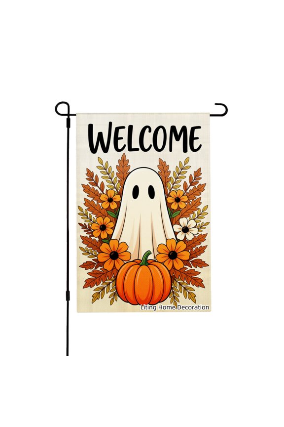 Halloween Garden Flag Welcome Ghost Pumpkin Autumn Flowers Linen Fall Garden Flags for Outside 12x18 inch