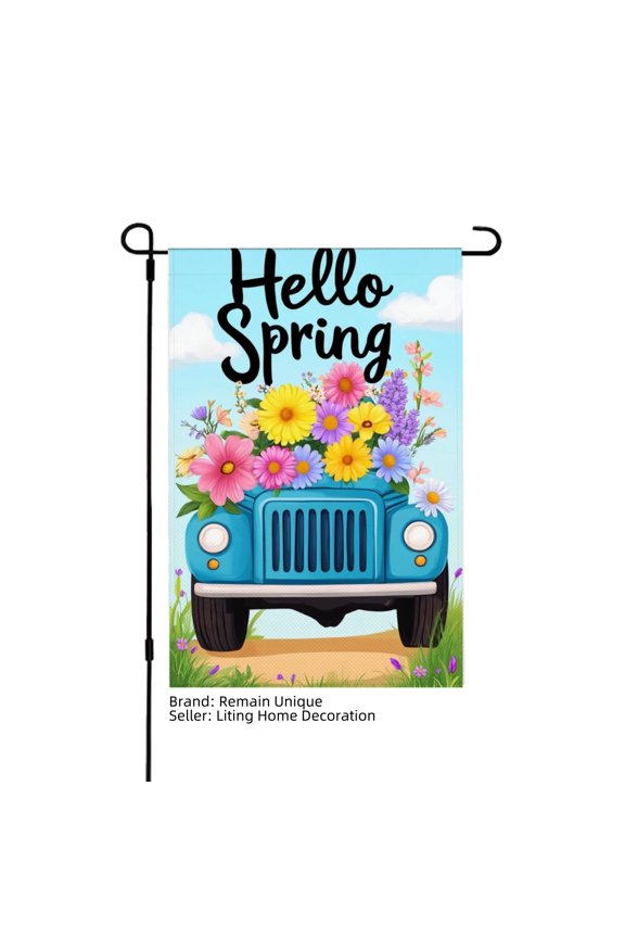 Hello Spring Linen Garden Flag with Colorful Flowers and Blue Jeep for Spring Summer Home Outdoor Garden Yard Door Decor 12x18 inch