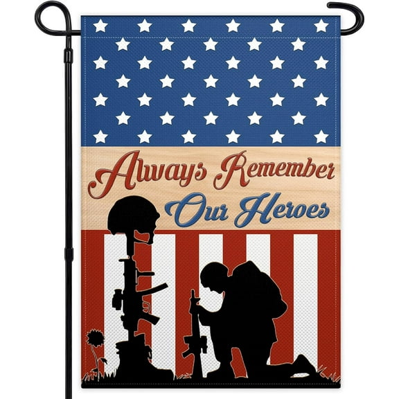 Remain Unique Memorial Day Linen Garden Flag 12x18 inch Double Sided Always Remember Our Heroes 4th of July Independence Day Patriotic Garden Flags for Outside