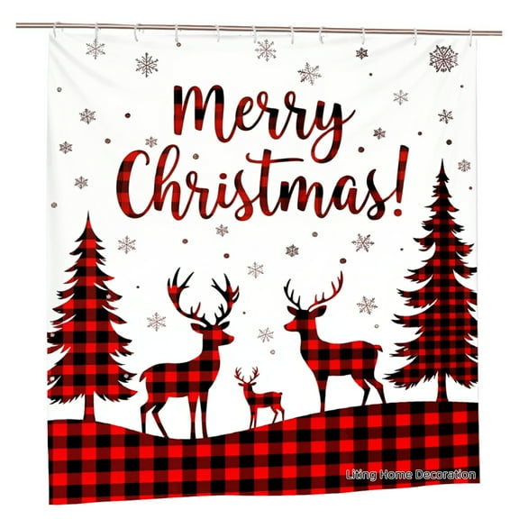 Remain Unique Merry Christmas Reindeer and Trees Plaid Shower Curtain for Home Bathroom Bath Tub Decoration 72x72 inch