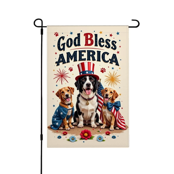 Remain Unique Patriotic God Bless America Garden Flag with Adorable Dogs in Uncle Sam Hats, Linen Material for 4th of July Memorial Day Decor 12x18 inch