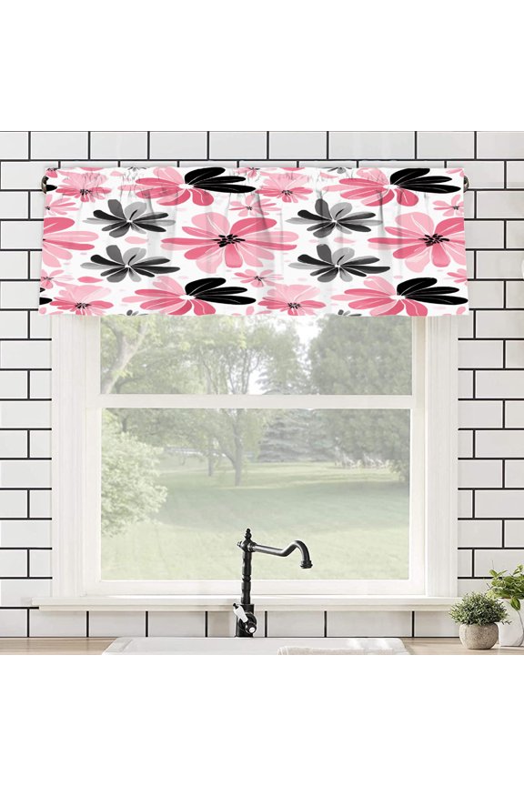 Pink Black Floral Print Polyester Rod Pocket Curtain Valance for Home Bedroom Living Room Kitchen Window Decor 54x18 inch