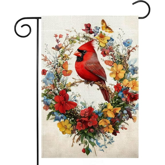 Remain Unique Red Bird Butterfly Flowers Garden Flag 12x18 inch Double Sided Spring Summer Cardinal Colorful Floral Yard Outdoor Flag House Holiday Outside Decoration Burlap
