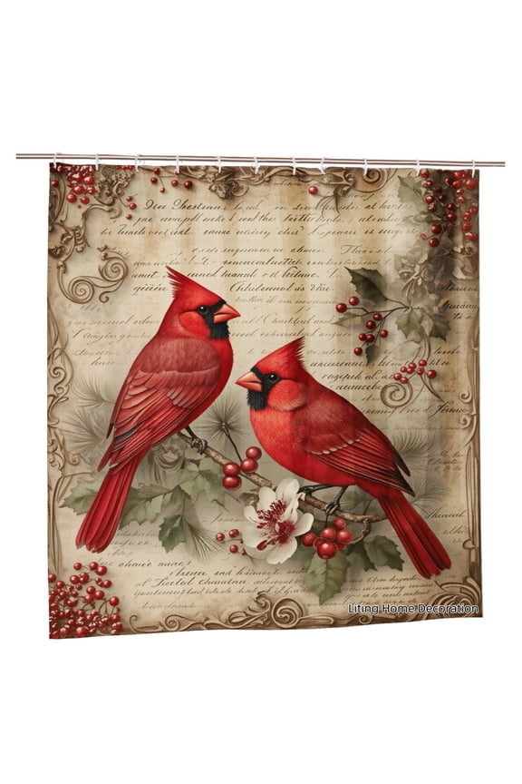 Red Cardinal Birds with Berries and Floral Design Polyester Shower Curtain for Home Bathroom Bath Tub Decoration 72x72 inch