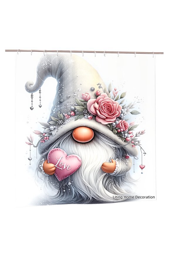 Romantic Gnome with Pink Rose Hat Holding Love Heart Polyester Shower Curtain for Home Bathroom Bath Tub Decoration 72x72 inch