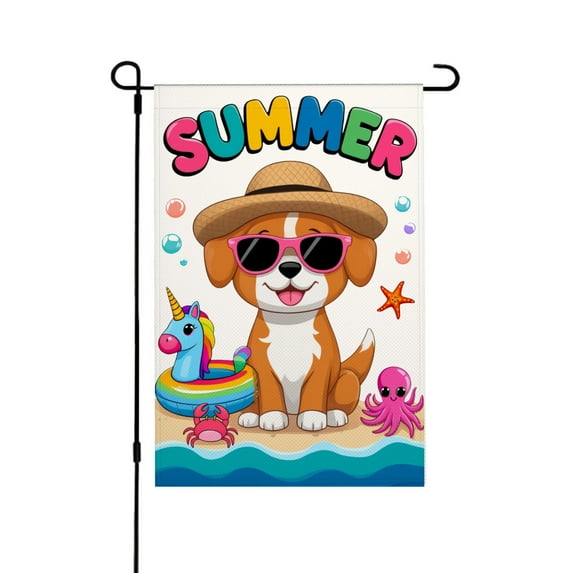 Remain Unique Summer Beach Puppy with Unicorn Float and Starfish Linen Garden Flag for Spring Summer Home Outdoor Garden Yard Door Decor 12x18 inch