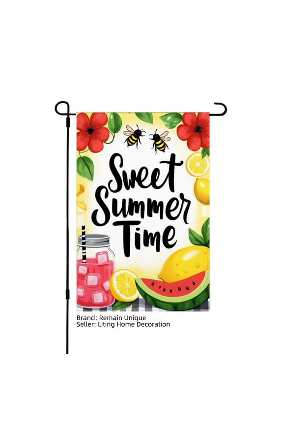 Sweet Summer Time Linen Garden Flag with Bees, Lemons, Watermelon and Iced Tea for Spring Summer Home Outdoor Garden Yard Door Decor 12x18 inch
