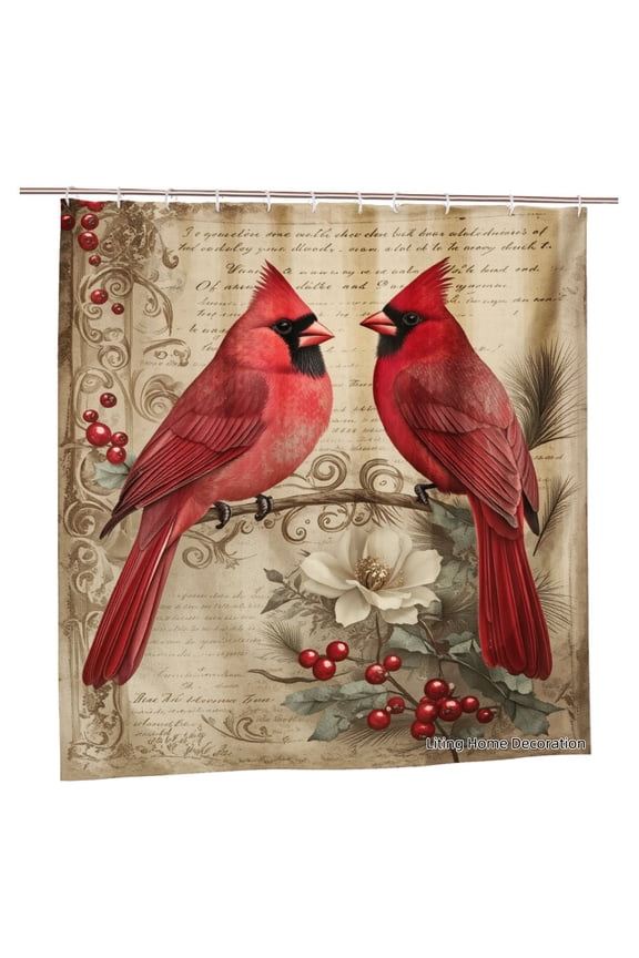 Vintage Red Cardinals with Berries and Floral Design Polyester Shower Curtain for Home Bathroom Bath Tub Decoration 72x72 inch