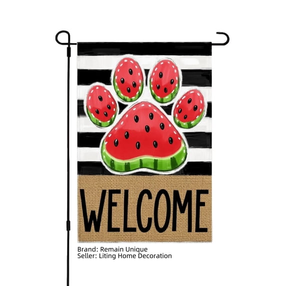 Remain Unique Watermelon Paw Print Welcome Linen Garden Flag for Spring Summer Home Outdoor Garden Yard Door Decor 12x18 inch
