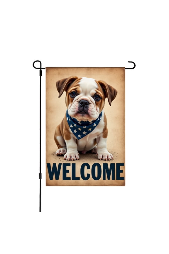 Welcome Bulldog Puppy with Bandana Linen Garden Flag for 4th of July Memorial Day Spring Summer Home Outdoor Garden Yard Decor 12x18 inch