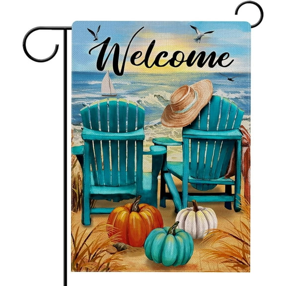 Remain Unique Welcome Fall Sea Pumpkin Garden Flag Double Sided, Autumn Beach Ocean Chairs Coastal Decorative Yard Outdoor Home Small Decor, 12 x 18 inch