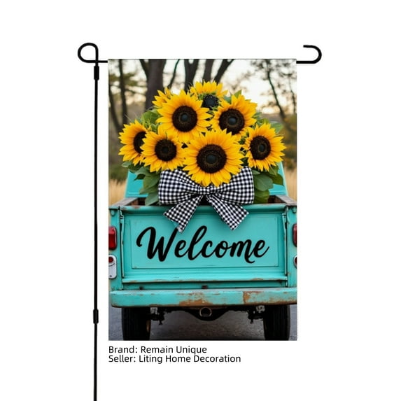 Remain Unique Welcome Sunflower Linen Garden Flag with Bow for Spring Summer Home Outdoor Garden Yard Door Decor 12x18 inch