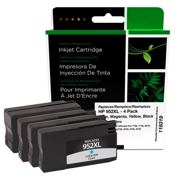 Remanufactured Clover Imaging High Yield Black, Cyan, Magenta, Yellow Ink Cartridges compatible with HP 952XL 4-Pack