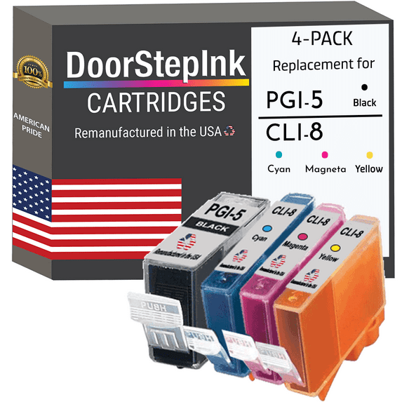 Remanufactured DoorStepInk Ink Cartridges for Canon PGI-5 Black and CLI-8 Cyan, Magenta and Yellow (4Pack)