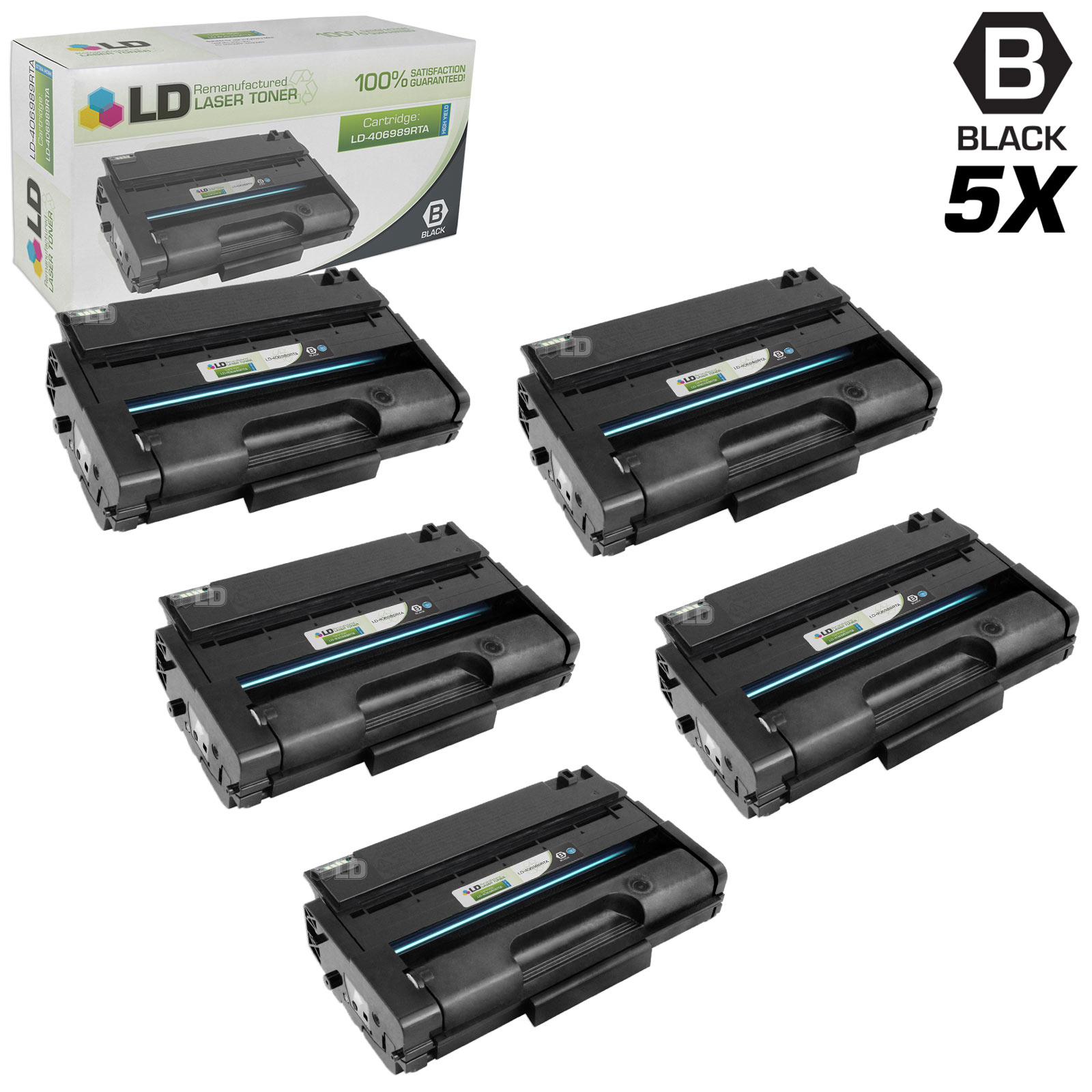 Remanufactured Replacements for Ricoh 406989 Set of 5 High Yie Black Laser Toner Cartridges for use in Ricoh Aficio SP 3500DN, SP 3500N, SP 3500SF, SP 3510DN, and SP 3510SF s - image 1 of 1