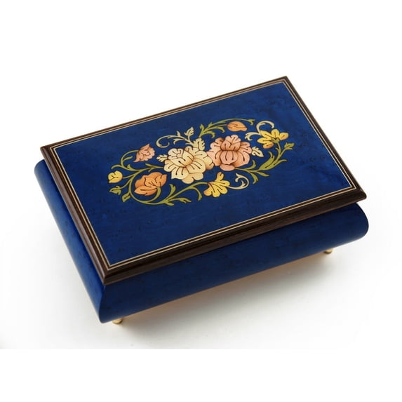 Remarkable 30 Note Dark Blue Floral Theme Wood Inlay Musical Jewelry Box - Phantom of the Opera