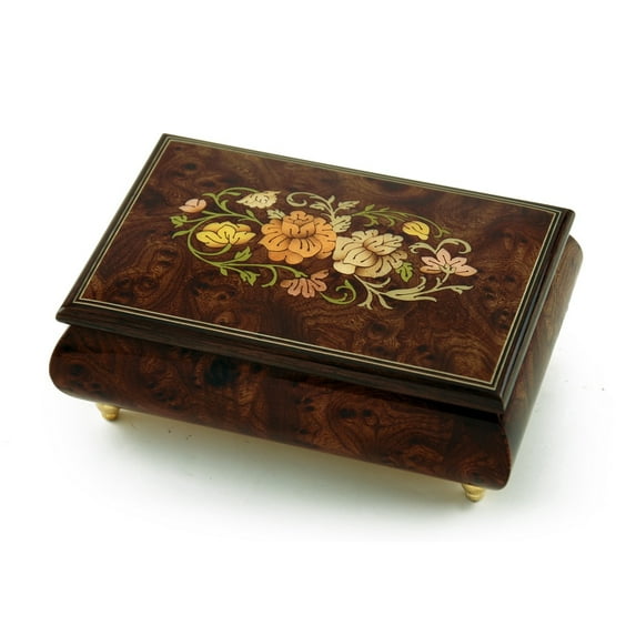 Remarkable 30 Note Solid Burl-Elm Floral Theme Wood Inlay Musical Jewelry Box - When You Wish Upon A Star