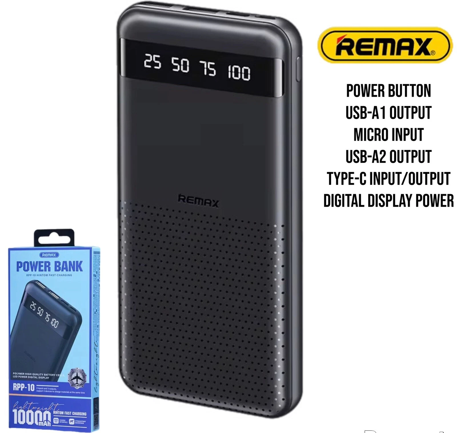Remax LED 10000mAh Portable Power Pack 2 Inputs 3 Outputs. - Walmart.com