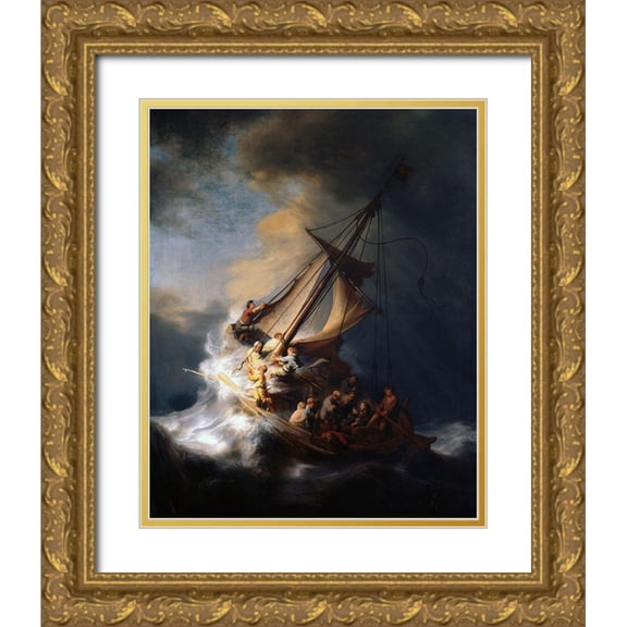 Rembrandt 20x24 Gold Ornate Wood Framed with Double Matting Museum Art Print Titled - Christ in the Storm on the Lake of Galilee