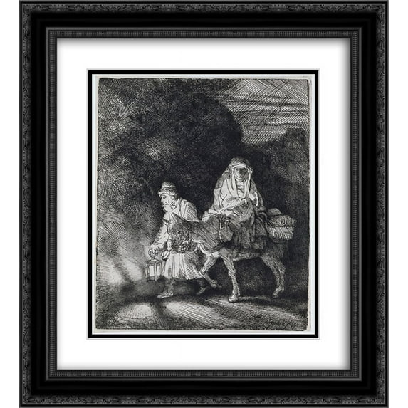 Rembrandt 2x Matted 20x22 Black Ornate Framed Art Print 'The flight into Egypt a night piece'