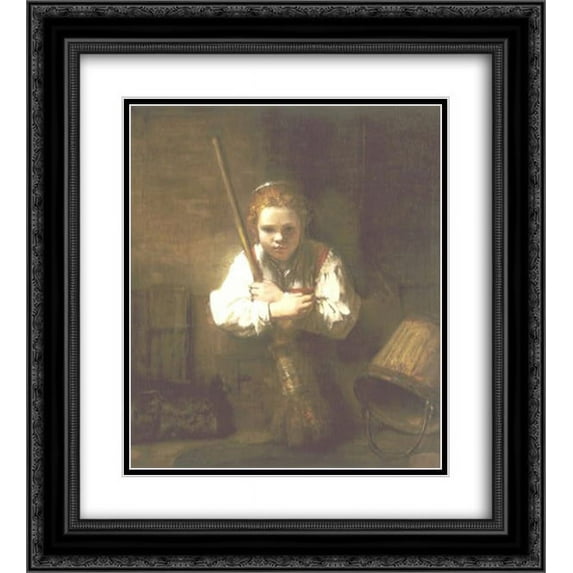 Rembrandt 2x Matted 20x22 Black Ornate Framed Art Print 'Young Woman with a Broom'