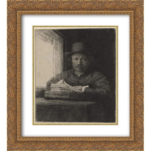 Rembrandt 2x Matted 20x24 Gold Ornate Framed Art Print 'Self-portrait, drawing at a window'