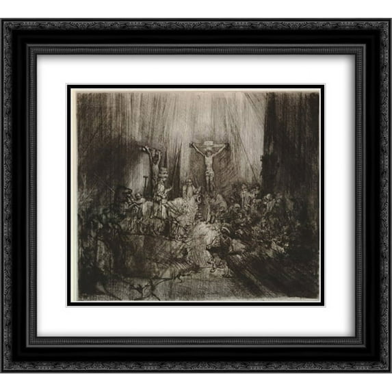 Rembrandt 2x Matted 22x20 Black Ornate Framed Art Print 'Christ crucified between the two thieves (Three crosses)'