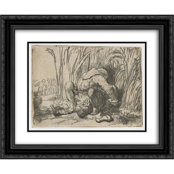 Rembrandt 2x Matted 24x20 Black Ornate Framed Art Print 'The monk in the cornfield'