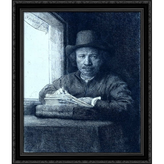 Rembrandt Drawing at a Window 28x34 Large Black Ornate Wood Framed Canvas Art by Rembrandt