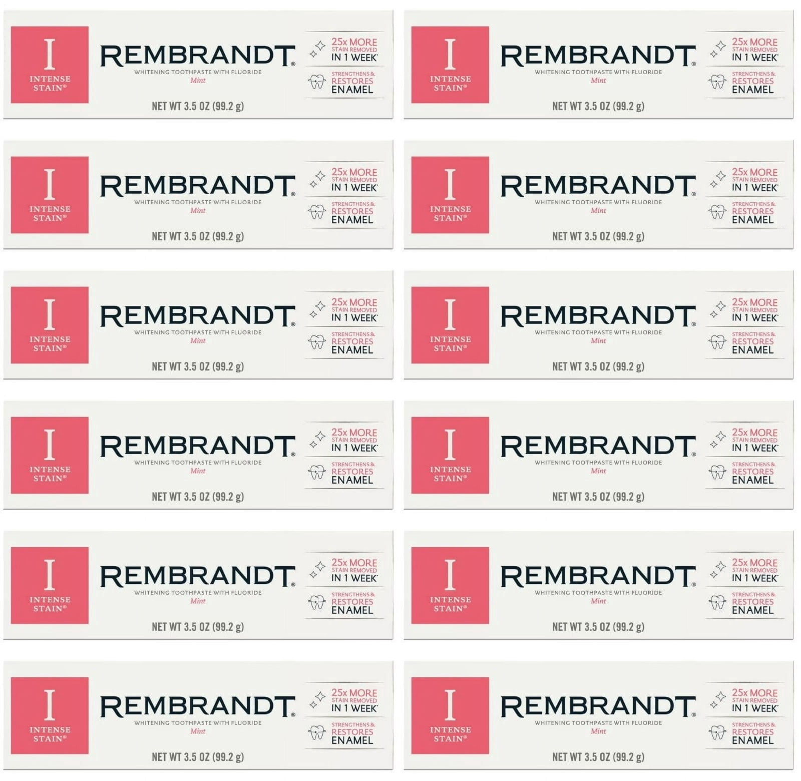 Rembrandt Intense Stain Whitening Mint Toothpaste, 3.5 Ounce Pack of 12 Bulk